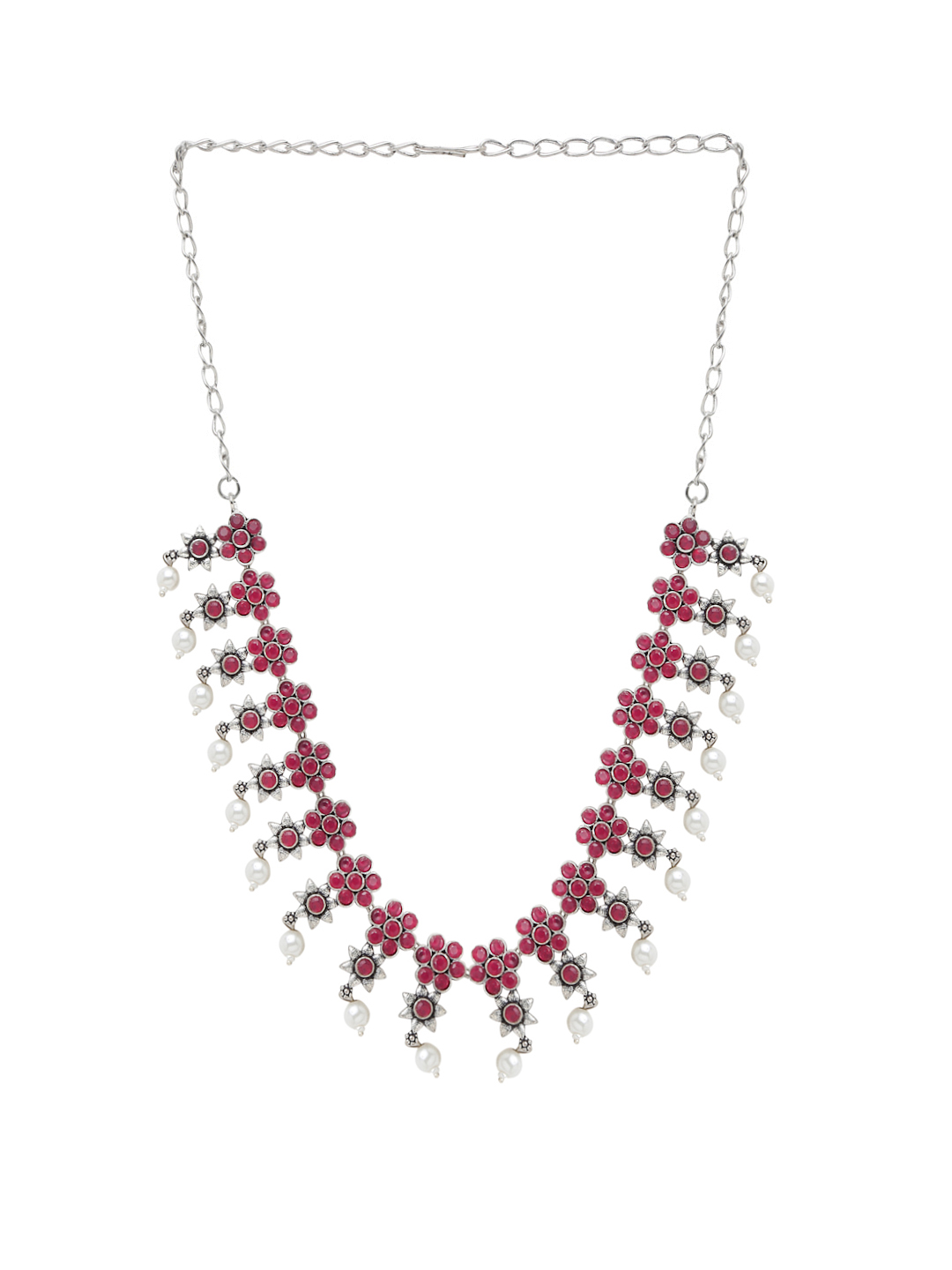 YouBella Jewellery Oxidised Silver Necklace Jewellery Set with Earrings for Girls and Women (Red) (YBNK_50522)